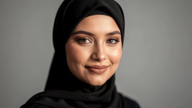 Portrait of confident young Muslim woman wearing black hijab with natural makeup and warm smile