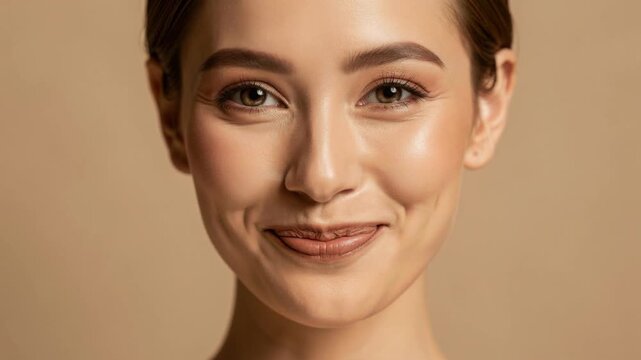 Close up portrait of a happy young woman with clear skin and natural makeup smiling against beige background
