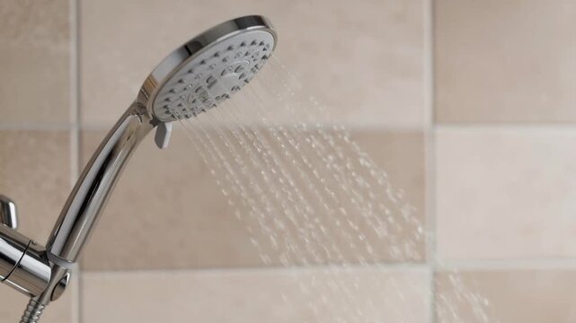 Close up of modern chrome handheld showerhead spraying water in tiled bathroom with soft natural light