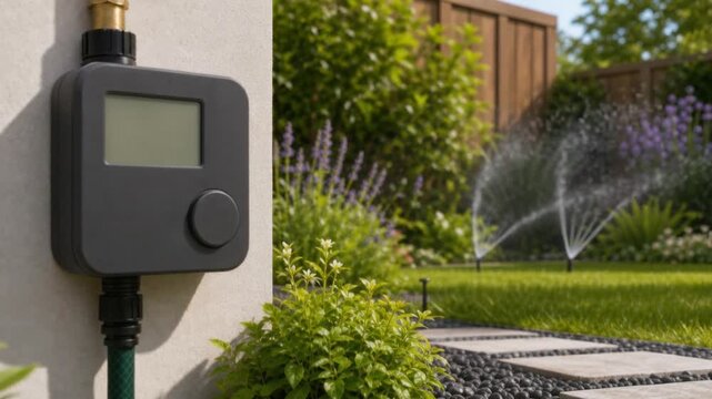 Smart garden irrigation system with digital water timer and automatic lawn sprinklers in backyard