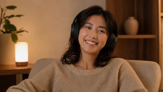Happy young woman wearing headphones relaxing on couch in cozy living room with warm lighting