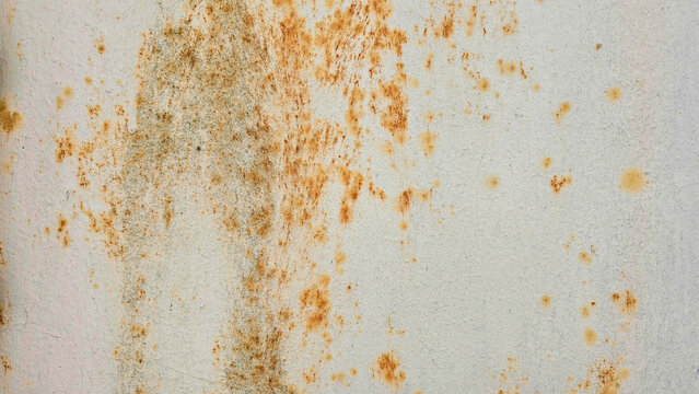 Rust patterns create a textured backdrop with shades of orange and brown on a concrete wall in a well-worn industrial setting