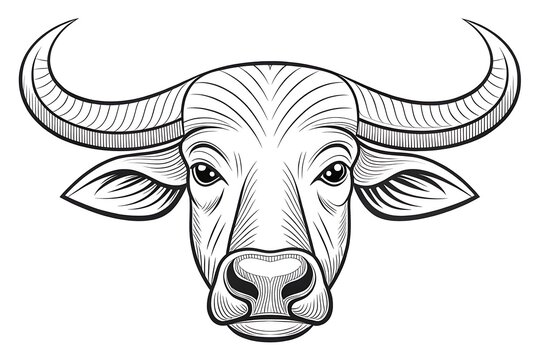 Water buffalo head illustration with large curved horns