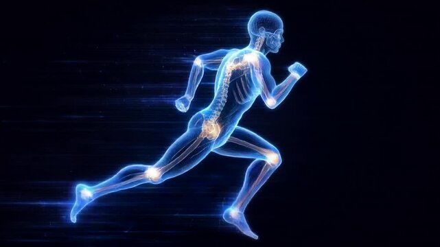 Digital illustration of human skeleton and joints in motion running with glowing blue highlights on dark background