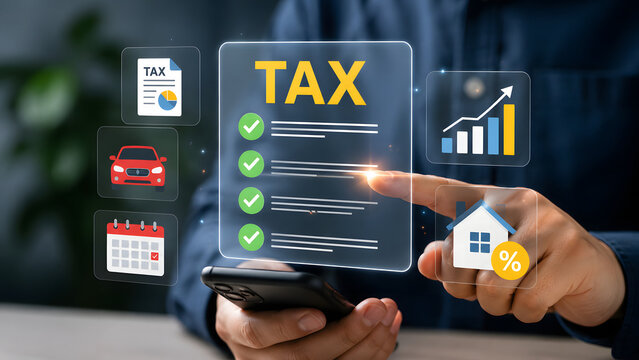 Businessman touches digital tax payment form on mobile screen with icons for house, car, and chart. Online financial planning and accounting vector concept. Ideal for business tech banners.