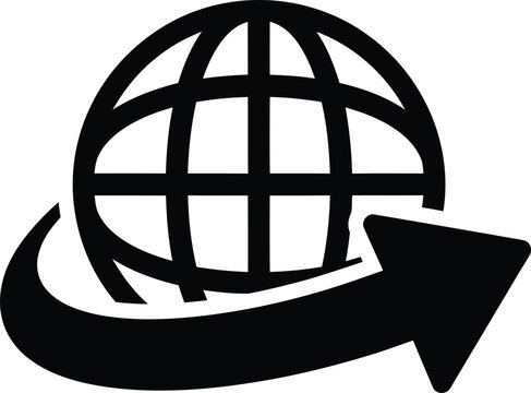 Black and white globe icon with circular rotation arrow sign