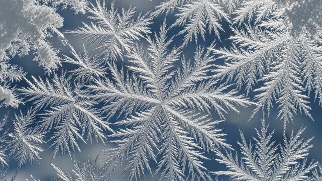 Intricate ice crystals form delicate frosty patterns on a frozen window pane