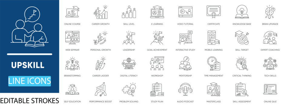 Upskill training line icon set. Featuring online course, career growth, leadership, and workshop. Vector icons for corporate learning prints, coaching booklets, and LMS dashboard design.