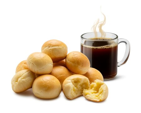 Fresh Bread Rolls with Hot Coffee on White Background