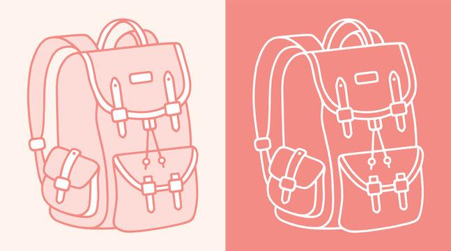 Pink backpack leather rucksack outline drawing vintage retro preppy girly pastel aesthetic doodle sketch line art. Travel women hiking scout girl school bag white illustration sticker design print.