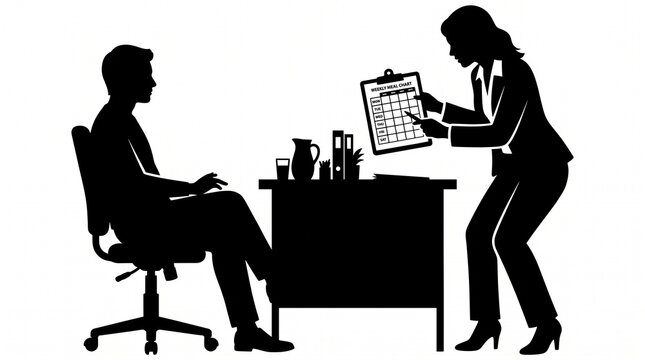 Silhouette of a nutritionist presenting a meal plan clipboard to a client