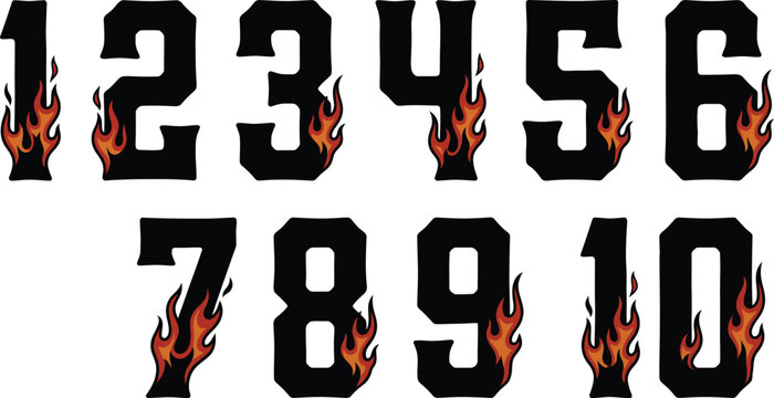 Black numbers 1 through 10 with orange and yellow flames rising from their bases, arranged in two rows.