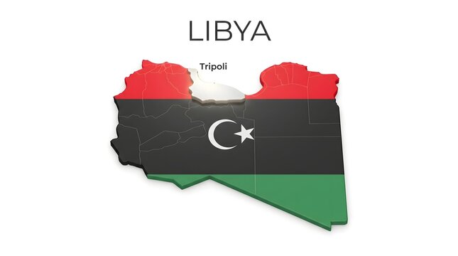 3D Map of Libya with Flag Texture and Highlighted Capital City Tripoli Isolated on Black Background
