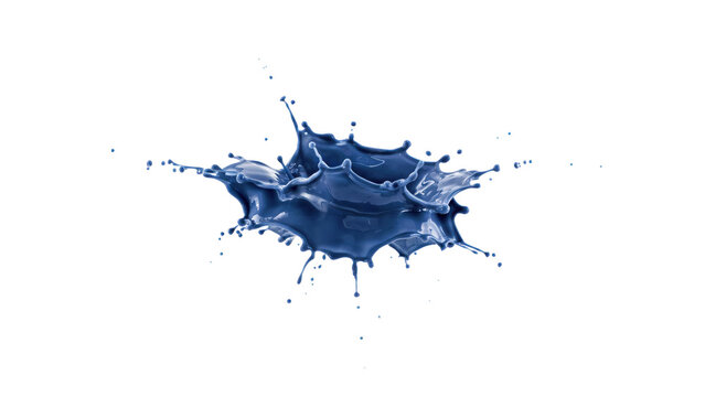 A symmetrical crown shaped splash of translucent blue liquid with small floating droplets isolated on a solid black background surface