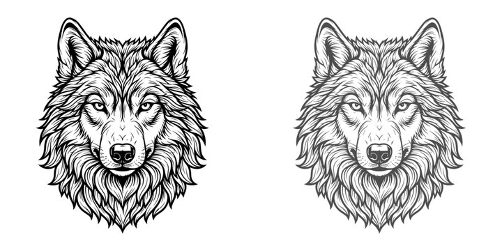 Two detailed black and white ink style illustrations of wolf heads facing forward isolated on a clean white background design