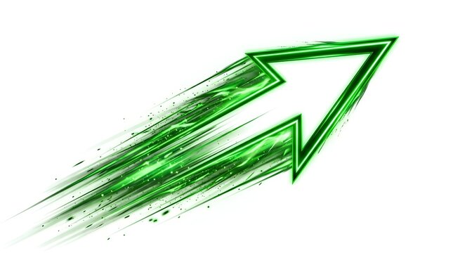 Green neon arrow pointing up with fast motion speed lines on white background