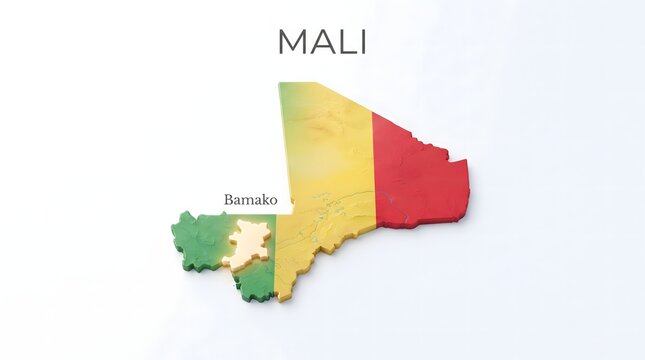 3D Map of Mali with Flag Texture and Highlighted Capital City Bamako Isolated on Black Background