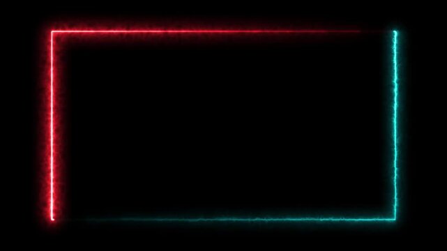 bright red neon rectangle frame at the screen edge formed by a couple of moving lines on black background. Abstract