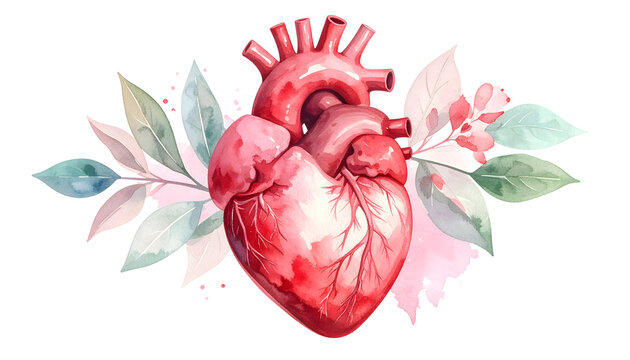 Realistic Anatomical Heart with Watercolor Floral Design