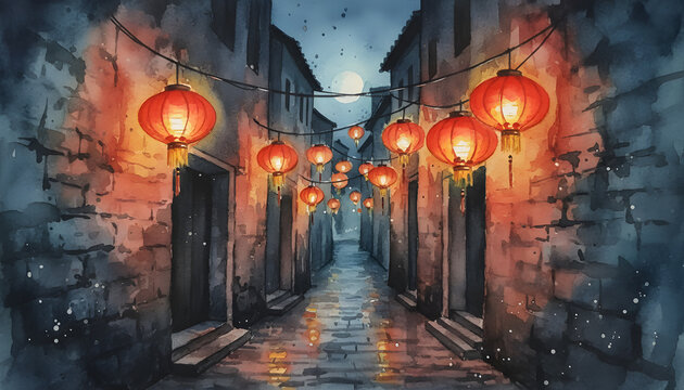 Night Scene of a Traditional Chinese Alley with Red Lanterns