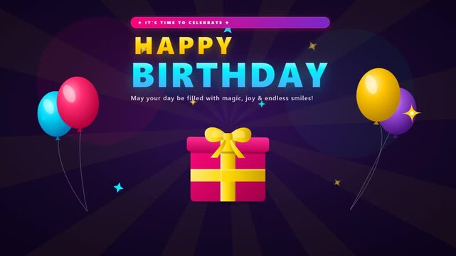 Happy birthday greeting card animation featuring colorful balloons and gift box on dark purple background