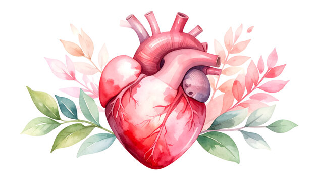 Realistic Illustration of a Human Heart with Floral Elements