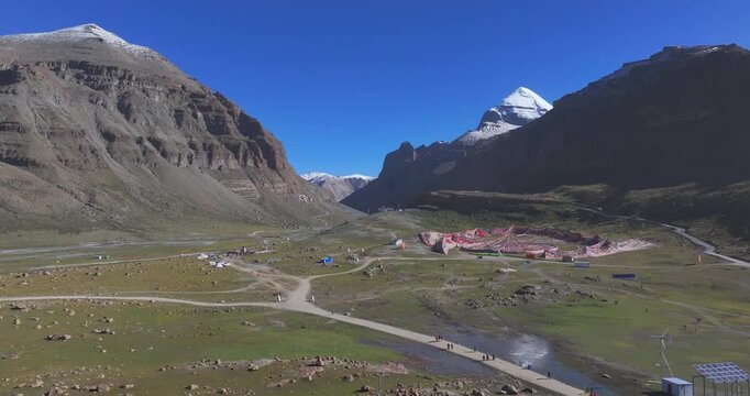 Tibet, China, Aerial view of Mount Kailash of the pilgrims traversing the sacred Kora trekking route around the holy mountain