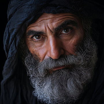 Closeup portrait of an old man with long gray beard and turban.