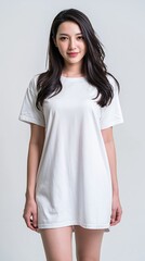 Fototapeta premium A cheerful young Japanese woman smiles naturally in a clean minimal studio, bright white with a fresh approachable look for commercial lifestyle, and advertising use.