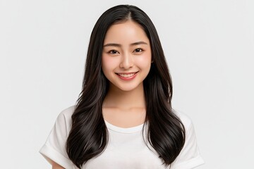 Fototapeta premium A cheerful young Japanese woman smiles naturally in a clean minimal studio, bright white with a fresh approachable look for commercial lifestyle, and advertising use.