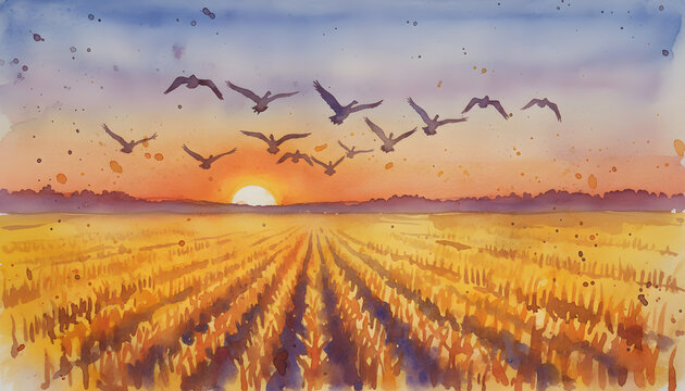 Sunset over wheat field with flying birds and vibrant sky
