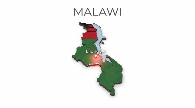 3D Map of Malawi with Flag Texture and Highlighted Capital City Lilongwe Isolated on Black Background