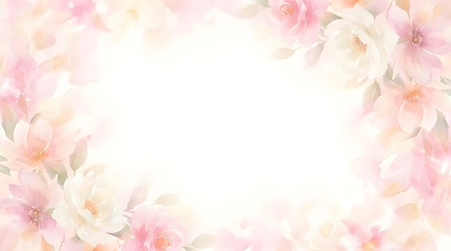Beautiful watercolor floral frame with soft pink flowers and green leaves on a white background for invitations