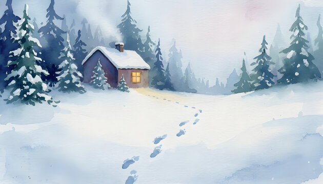 Snowy winter landscape with cozy cabin and glowing window