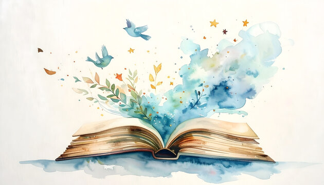 Open Book with Colorful Firefly and Ink Splash Illustration