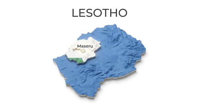 3D Map of Lesotho with Flag Texture and Highlighted Capital City Maseru Isolated on Black Background