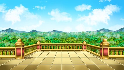 Fototapeta premium 2D Golden Palace Terrace Background with Forest and Mountains