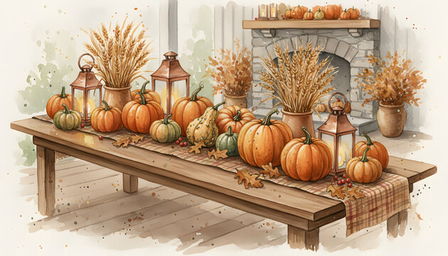 Autumn Harvest Pumpkin Display on Rustic Wooden Table