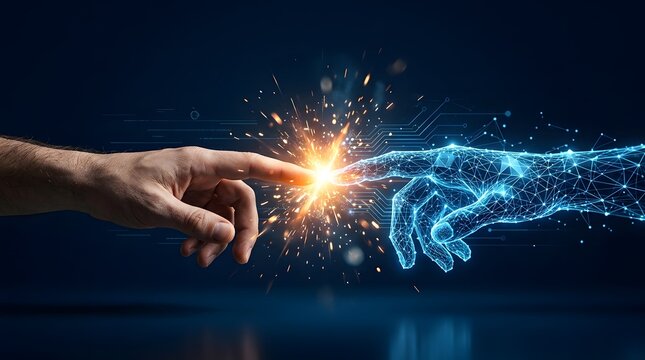 A human hand reaching out to touch a digital robot hand representing the connection between humanity and artificial intelligence