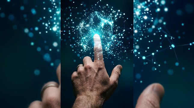 A person touching a glowing digital interface with abstract light particles and network data connections in dark space