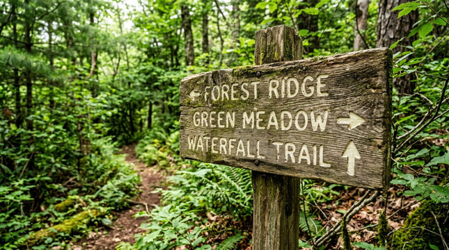 Wooden signpost pointing to forest ridge, green meadow, waterfall trail