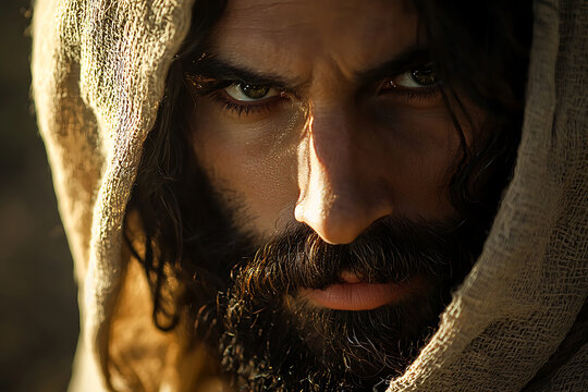 Intense portrait of jesus christ wearing a hooded robe and beard.