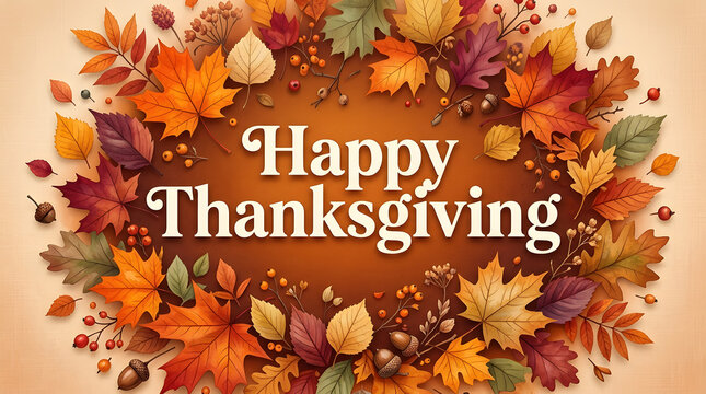 Happy thanksgiving greeting card design with a beautiful wreath of colorful autumn leaves and acorns on brown background