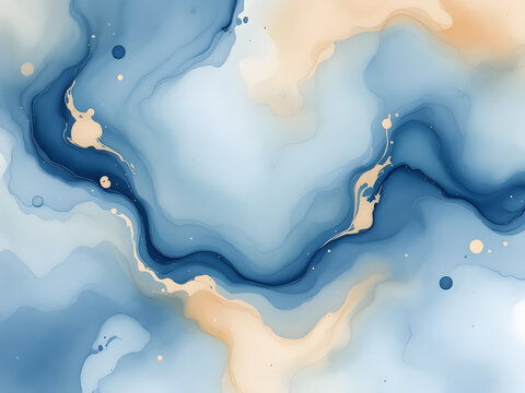 Abstract Blue and Gold Fluid Art with Marbled Texture