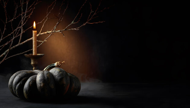 Halloween Halloween pumpkin with candle and spider web in dark setting