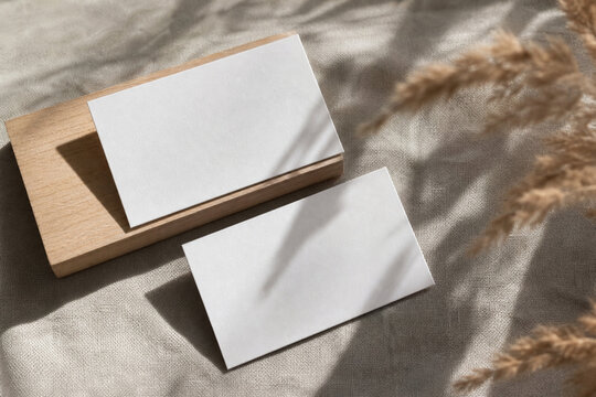 Blank stationery mockup on neutral fabric and wood