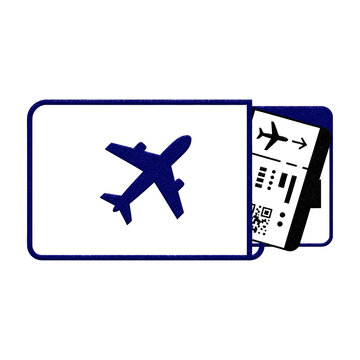 Boarding pass icon isolated on transparent background. Blue ticket sleeve with airplane silhouette and barcode details. Flight document symbol for travel planning and airline booking software.