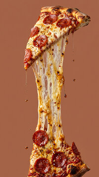 A delicious slice of pepperoni pizza with long strings of melted mozzarella cheese stretching.