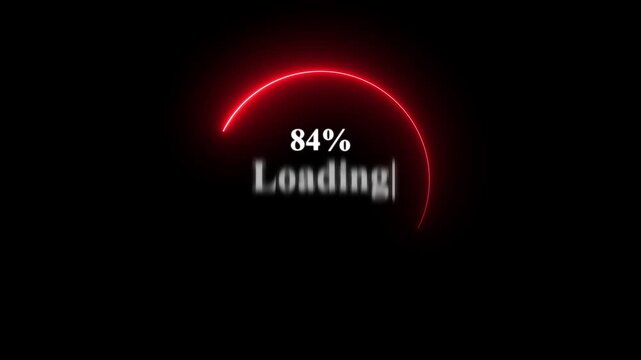 Red neon loading bar animation counting from 0 to 100 percent with glowing progress effect on black background symbolizing digital update, charge, download, and modern progress concept.