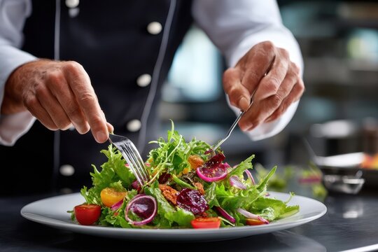 Chef preparing a fresh salad with vibrant ingredients in a modern kitchen
